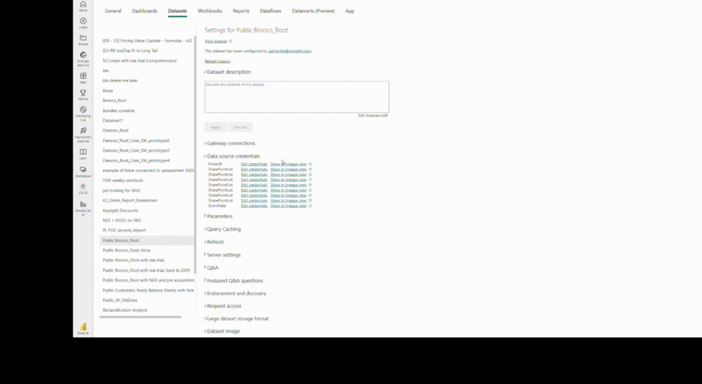 gif instructions:
Navigate to the data source credentials in your Power BI service.
Review each entry in your credentials list, ensuring they all have consistent permissions. Organizational permissions are recommended.
Update inconsistent credentials to align them with others.